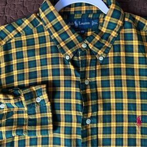 Ralph Lauren Men’s Classic Fit Yellow/Green Checkered Red Pony Button Up Fall XL